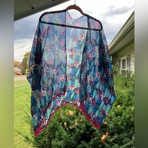 Navy tropical print Kimono cover-up with Pom Pom trim